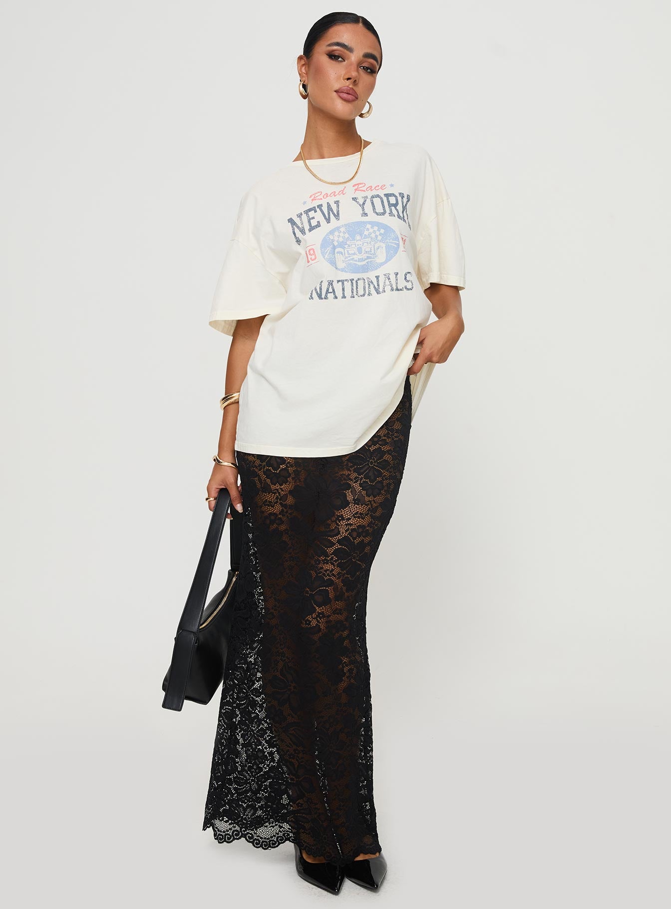 front view of model wearing Princess Polly Road Race Nationals Tee White Half Sleeves Crew Neck 