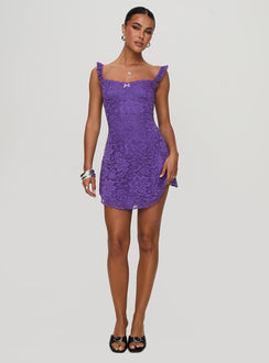 front view of model wearing Princess Polly Beacall Mini Dress Purple Square Neck 