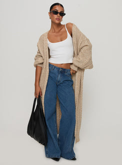 front view of model wearing Princess Polly Orkid Cable Knit Cardigan Beige Long 