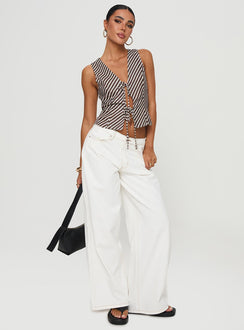 back view of model wearing Princess Polly Lishar Top Brown Stripe Sleeveless V-Neck 