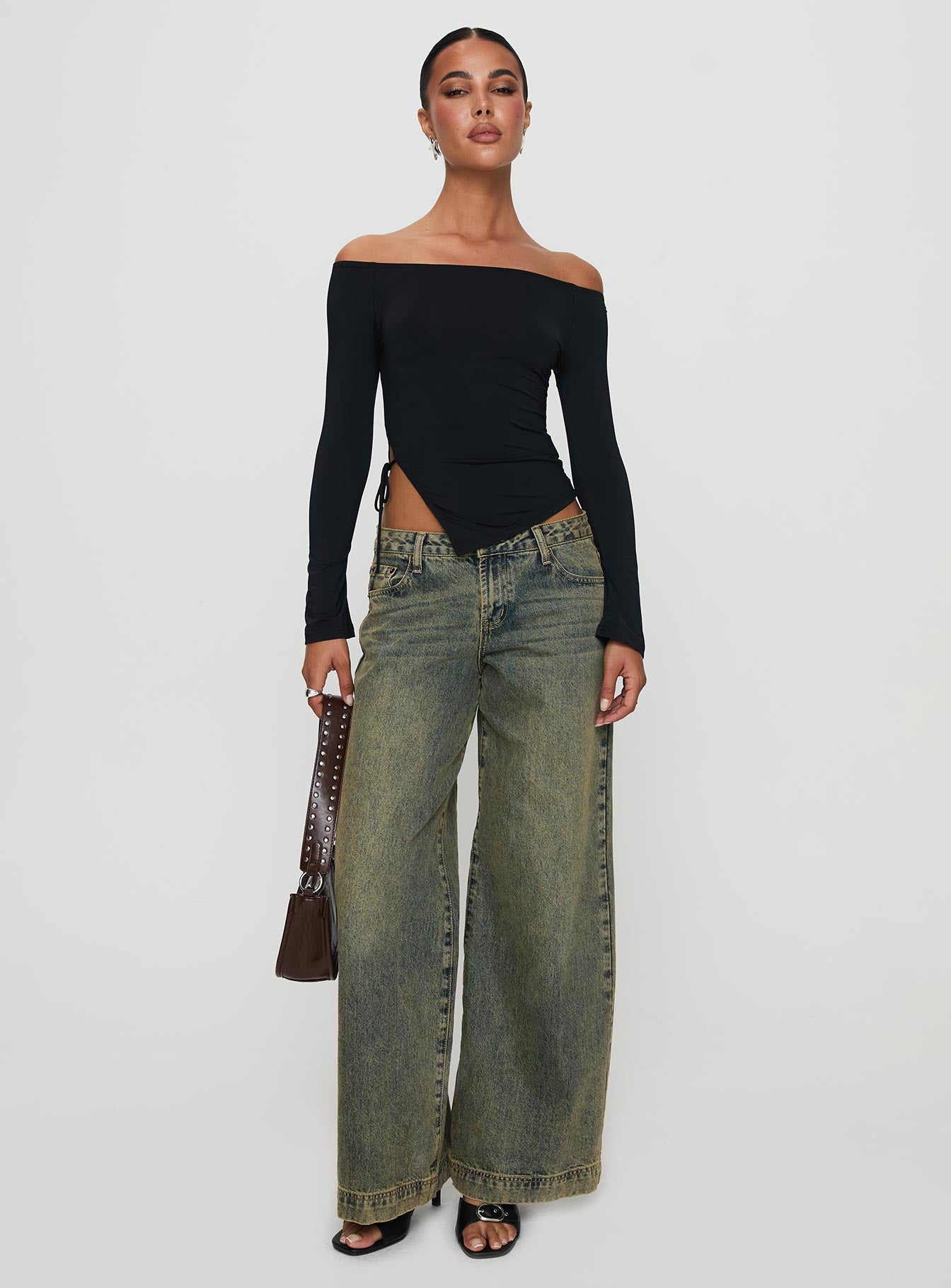 front view of model wearing Princess Polly Endellion Off Shoulder Long Sleeve Top Black Full Sleeves straight 