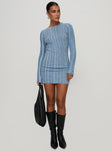 side view of model wearing Princess Polly Postcodes Long Sleeve Mini Dress Blue High Neck 