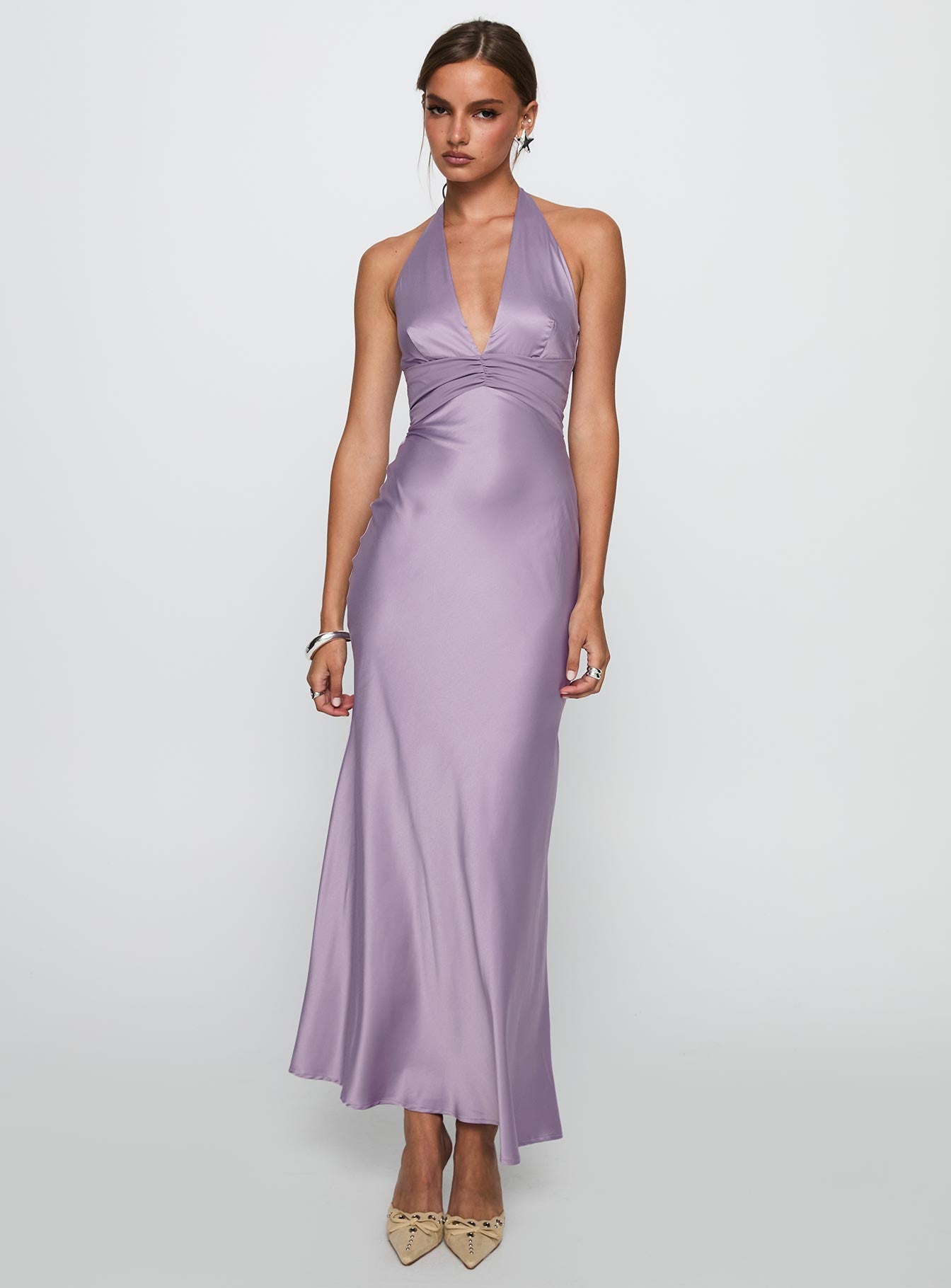 side view of model wearing Princess Polly Rousseau Halter Maxi Dress Mauve Plunger 
