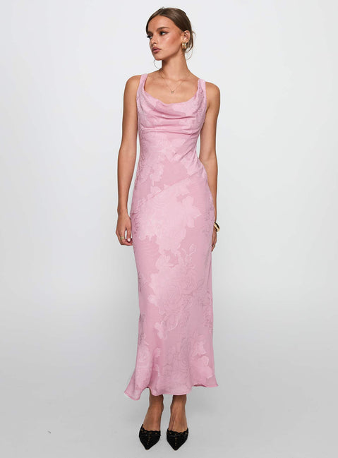 front view of model wearing Princess Polly Brietta Cowl Maxi Dress Pink Cowl Neck 