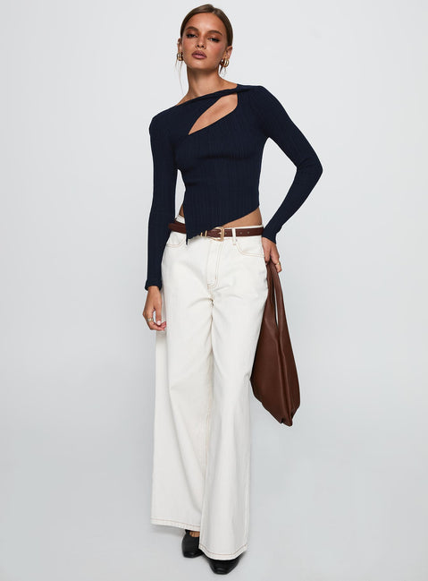 back view of model wearing Princess Polly Ellara Long Sleeve Top Blue Full Sleeves High Neck 