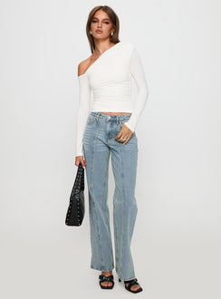 front view of model wearing Princess Polly White Mustang Side Split Jean Light Blue Mid Rise 