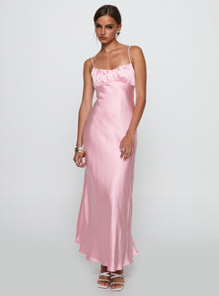 front view of model wearing Princess Polly Penelopi Maxi Dress Pink Sweetheart Neckline 