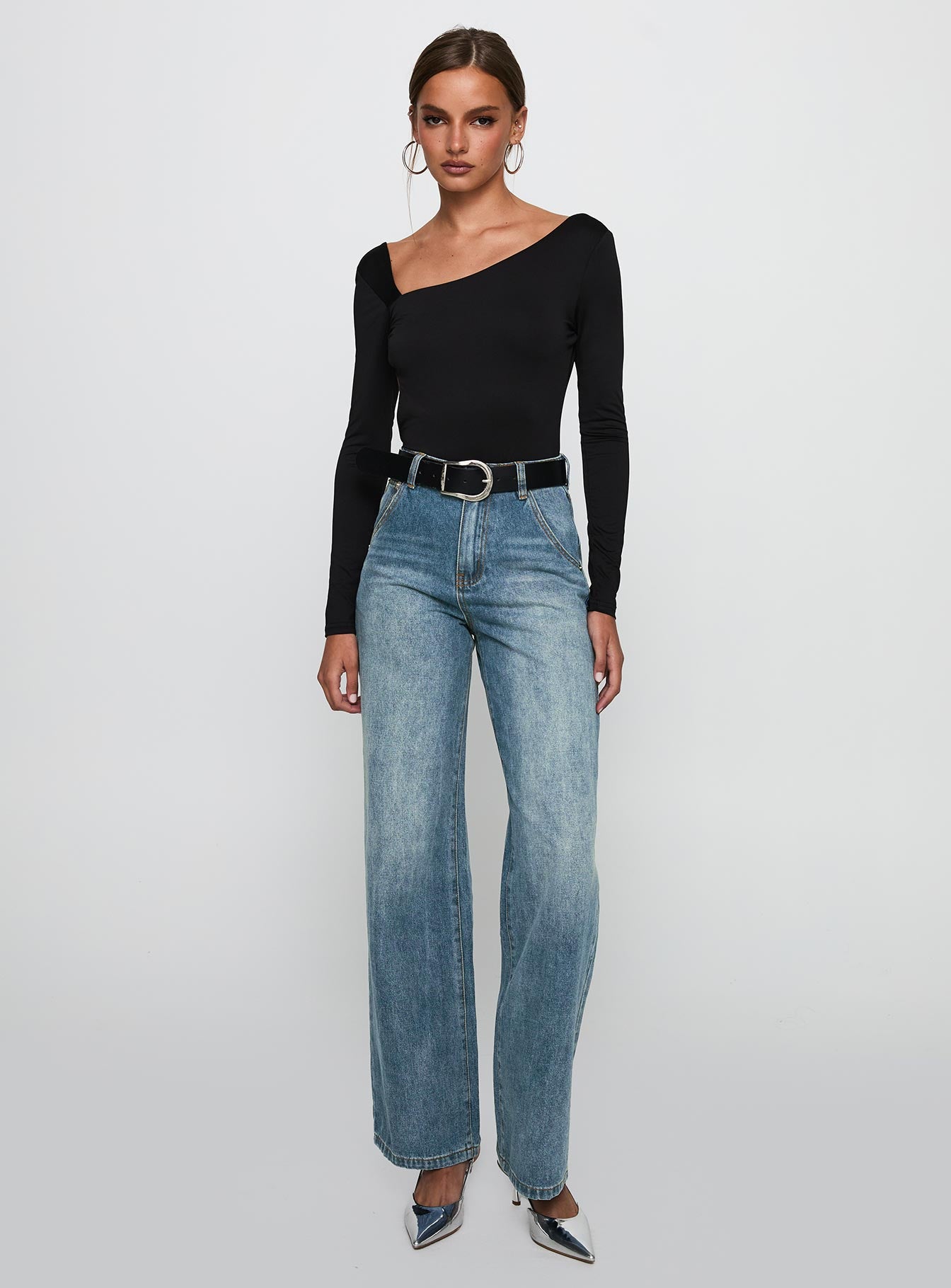 front view of model wearing Princess Polly Look This Good Backless Bodysuit Black Long Sleeve Tops 