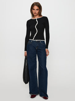 side view of model wearing Princess Polly Bring Me Closer Button Up Long Sleeve Top Black / White Full Sleeves Crew Neck 