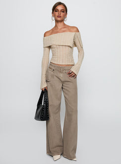 front view of model wearing Princess Polly Cardamom Long Sleeve Top Beige Full Sleeves straight 