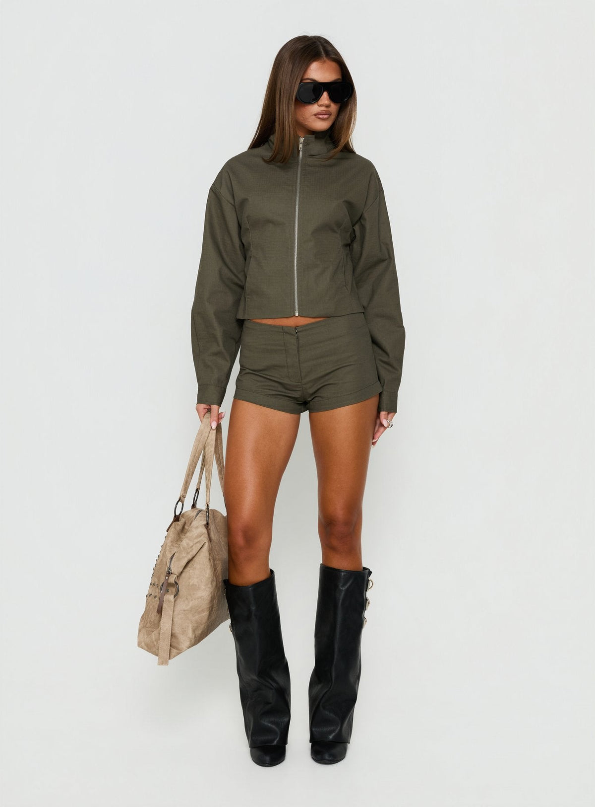 Avorie High Neck Cinched Jacket Khaki