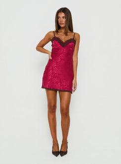 Viretta Satin Jacquard Lace Trim Mini Dress Burgundy