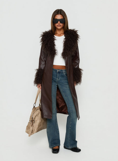 Adeliah Faux Fur Longline Jacket Brown