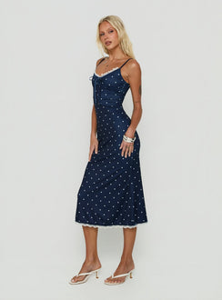 Delaney V-Ausschnitt Rüschen-Midikleid Navy / Weiß Gepunktet
