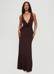 front view of model wearing Princess Polly Frederica Plunge Maxi Dress Chocolate Petite Plunger 