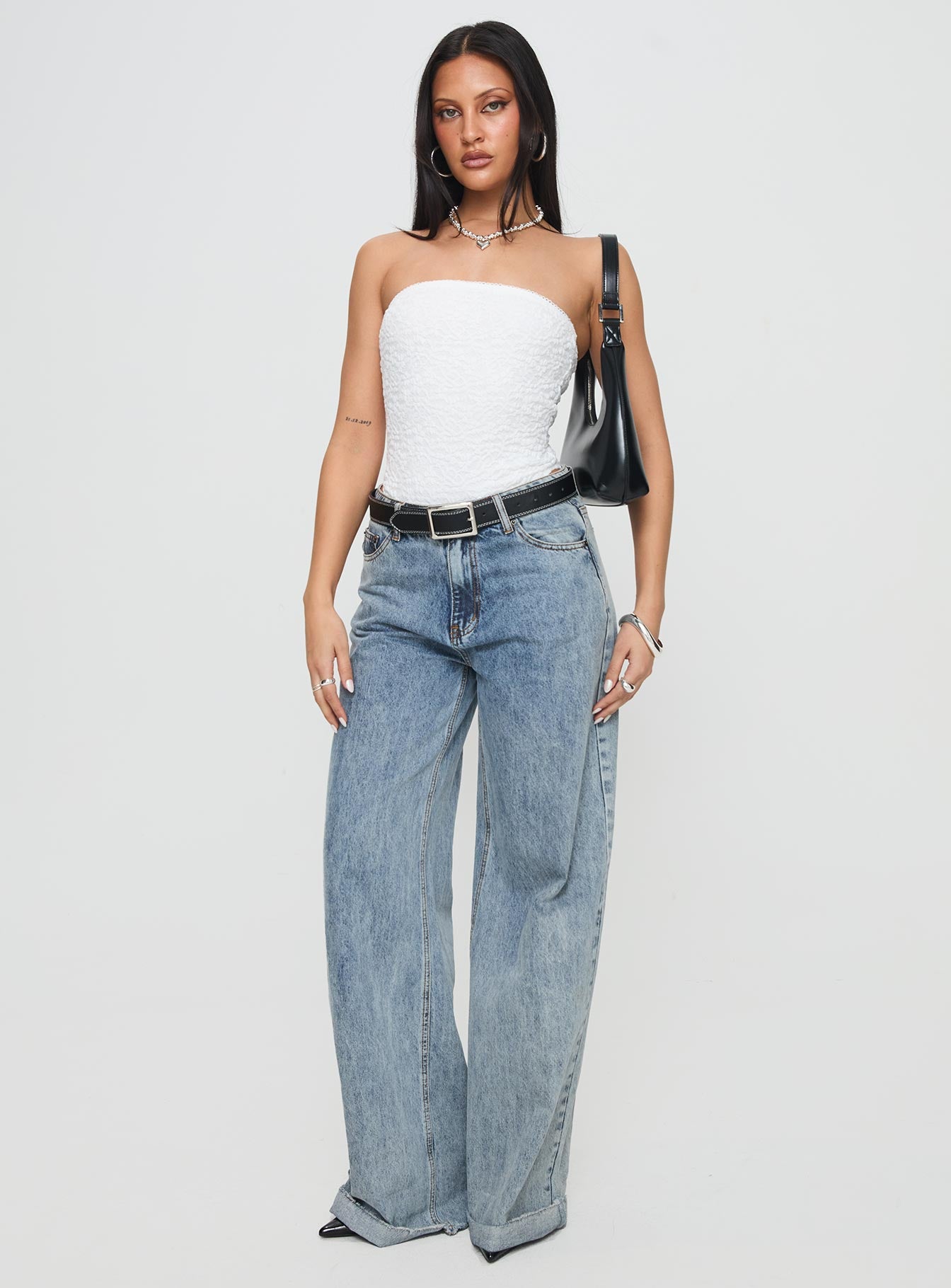 side view of model wearing Princess Polly Bristle Strapless Bodysuit White Sleeveless straight 