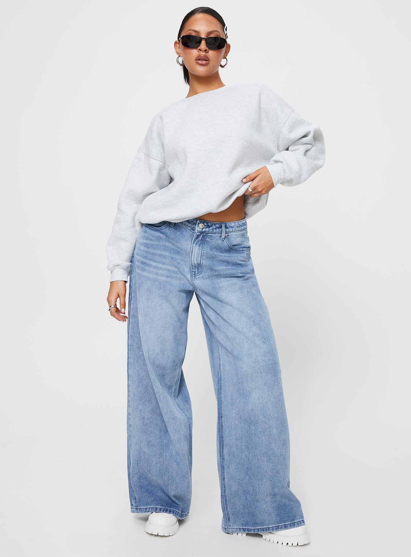 front view of model wearing Princess Polly Charlotte Crewneck Sweatshirt Grey 