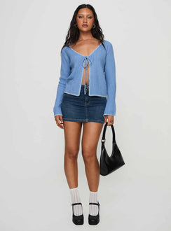 front view of model wearing Princess Polly Jaimee Tie Up Knit Top Blue Cropped 