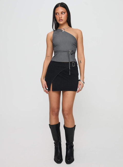   front view of model wearing Princess Polly Wait Up Denim Wrap Mini Skirt Washed Black Mini Skirts 