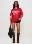 side view of model wearing Princess Polly Fenway Spirit Top Red Half Sleeves V-Neck 