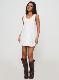 back view of model wearing Princess Polly Antiquity Swing Mini Dress White V-Neck 