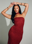 side view of model wearing Princess Polly Melantha Strapless Maxi Dress Red Straight Neck 