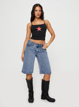 front view of model wearing Princess Polly Kurt Denim Culottes Acid Wash Low Rise Shorts 