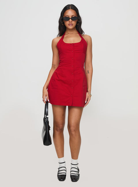 side view of model wearing Princess Polly Mallorie Halter Mini Dress Red Tall Scoop Neck 