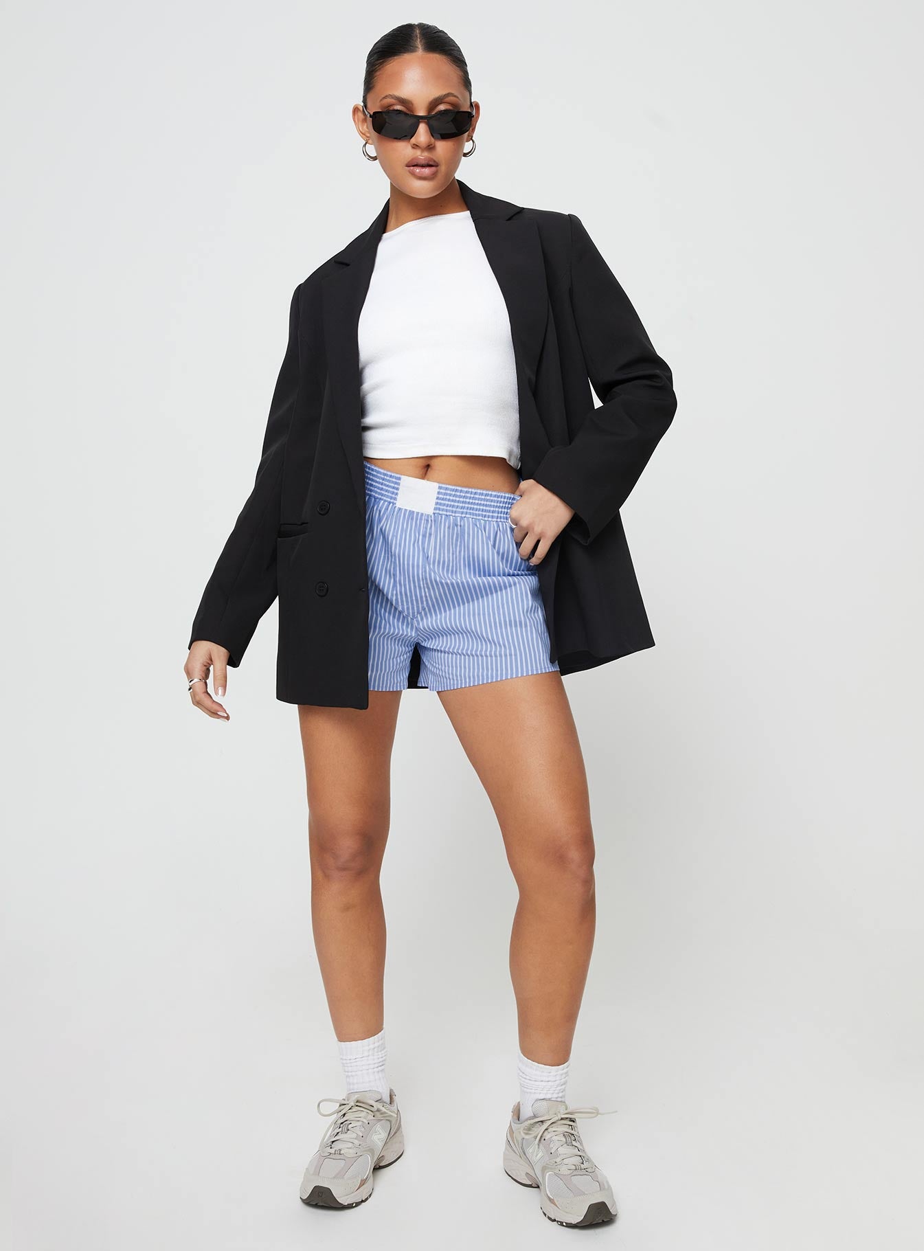 Front view of model wearing  front Cobain Shorts Blue Stripe Princess Polly High Waisted Shorts 