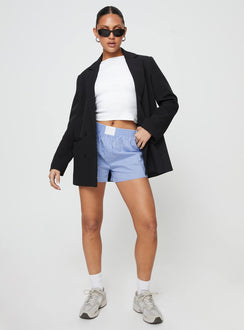 Front view of model wearing  front Cobain Shorts Blue Stripe Princess Polly High Waisted Shorts 