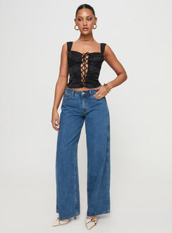 front view of model wearing Princess Polly Arvelin Corset Top Black Sleeveless Sweetheart 