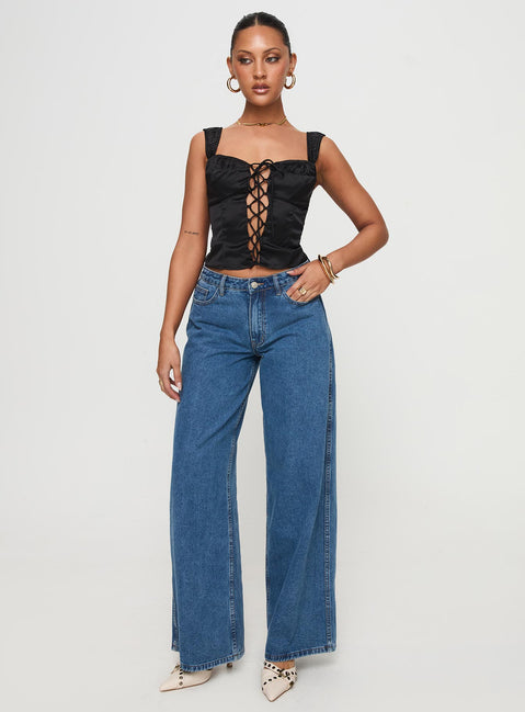 front view of model wearing Princess Polly Arvelin Corset Top Black Sleeveless Sweetheart 