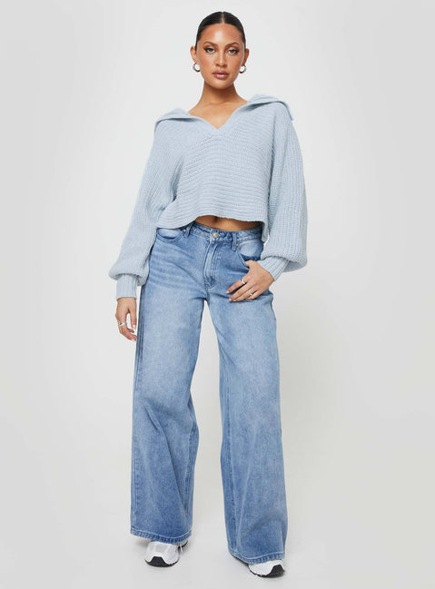 Wester Ribbed Sweater Blue Princess Polly  Cropped 