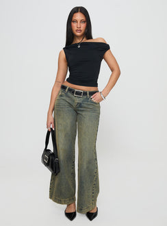 front view of model wearing Princess Polly Alckie Top Black Sleeveless Asymmetric Neckline 