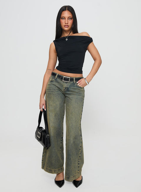 front view of model wearing Princess Polly Alckie Top Black Sleeveless Asymmetric Neckline 