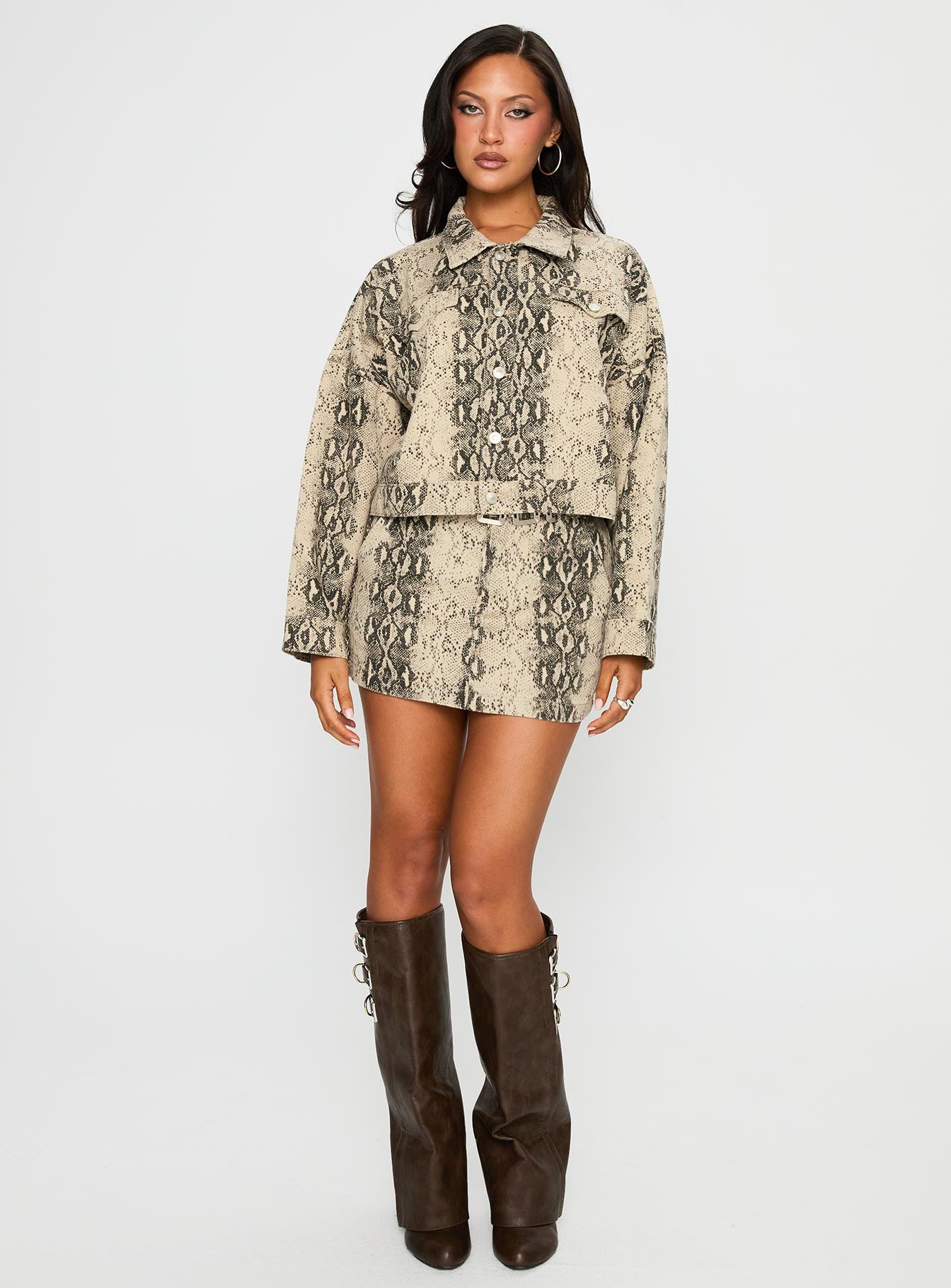 back view of model wearing Princess Polly Venom Mini Skirt Snake Mini Skirts 