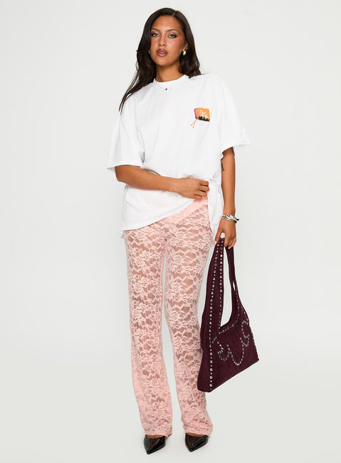 front view of model wearing Princess Polly Peru Lace Pants Pink 