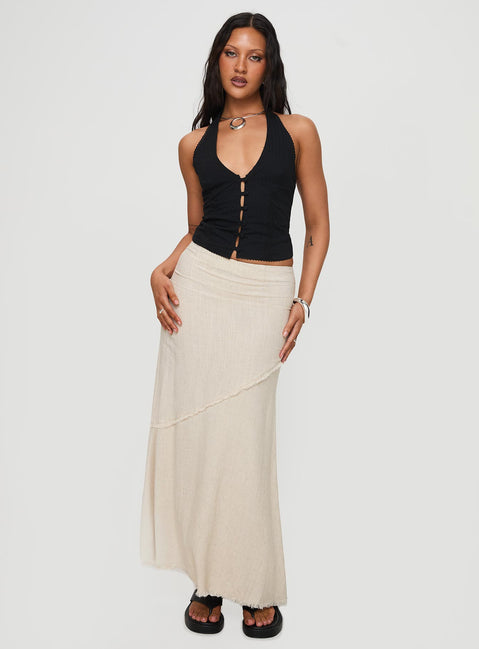 front view of model wearing Princess Polly Vayda Halter Top Black Sleeveless Plunger 