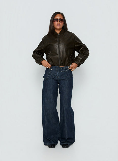 front view of model wearing Princess Polly Paltrow Mid Rise Wide Leg Cargo Jeans Dark Blue Wash Mid Rise Jeans 