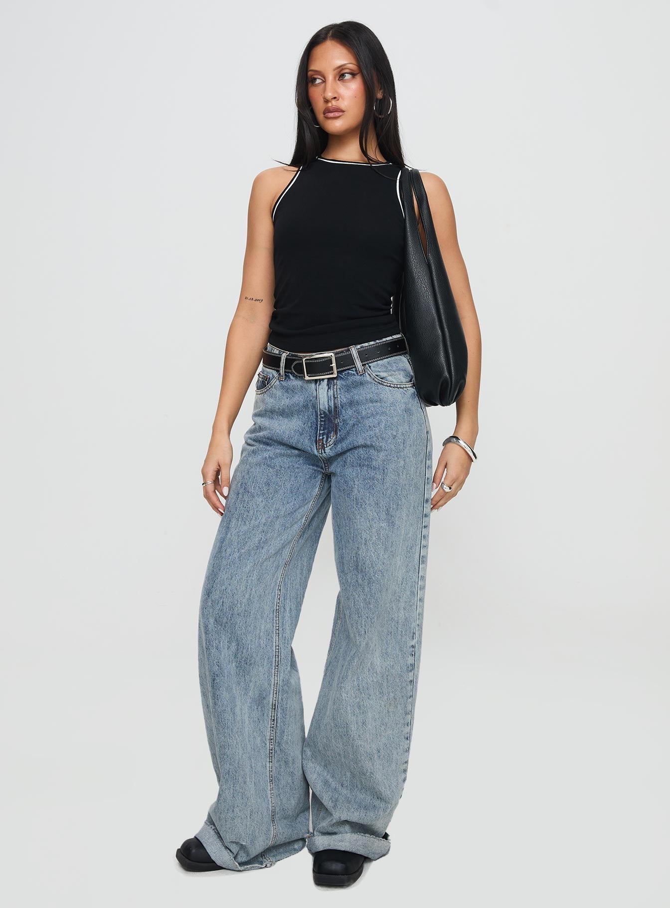 front view of model wearing Princess Polly Dazzling Tank Top Black Sleeveless Crew Neck 