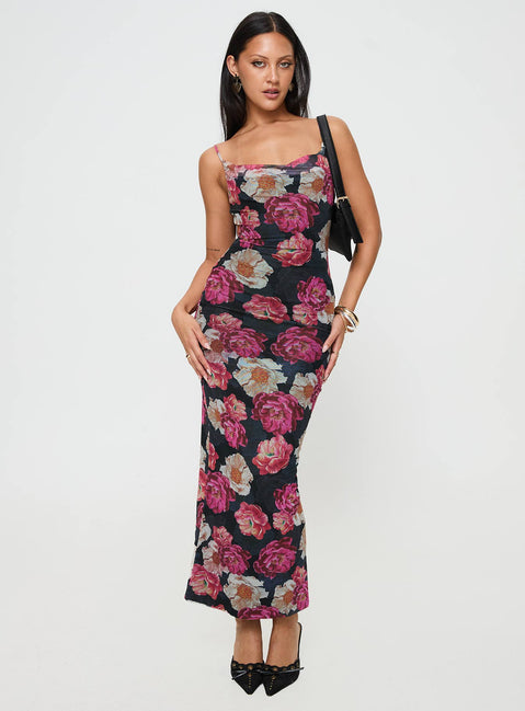 front view of model wearing Princess Polly Auley Maxi Dress Multi / Red Floral Cowl Neck 