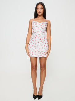 front view of model wearing Princess Polly Celena Lace Mini Dress White / Red Floral Sweetheart Neckline 