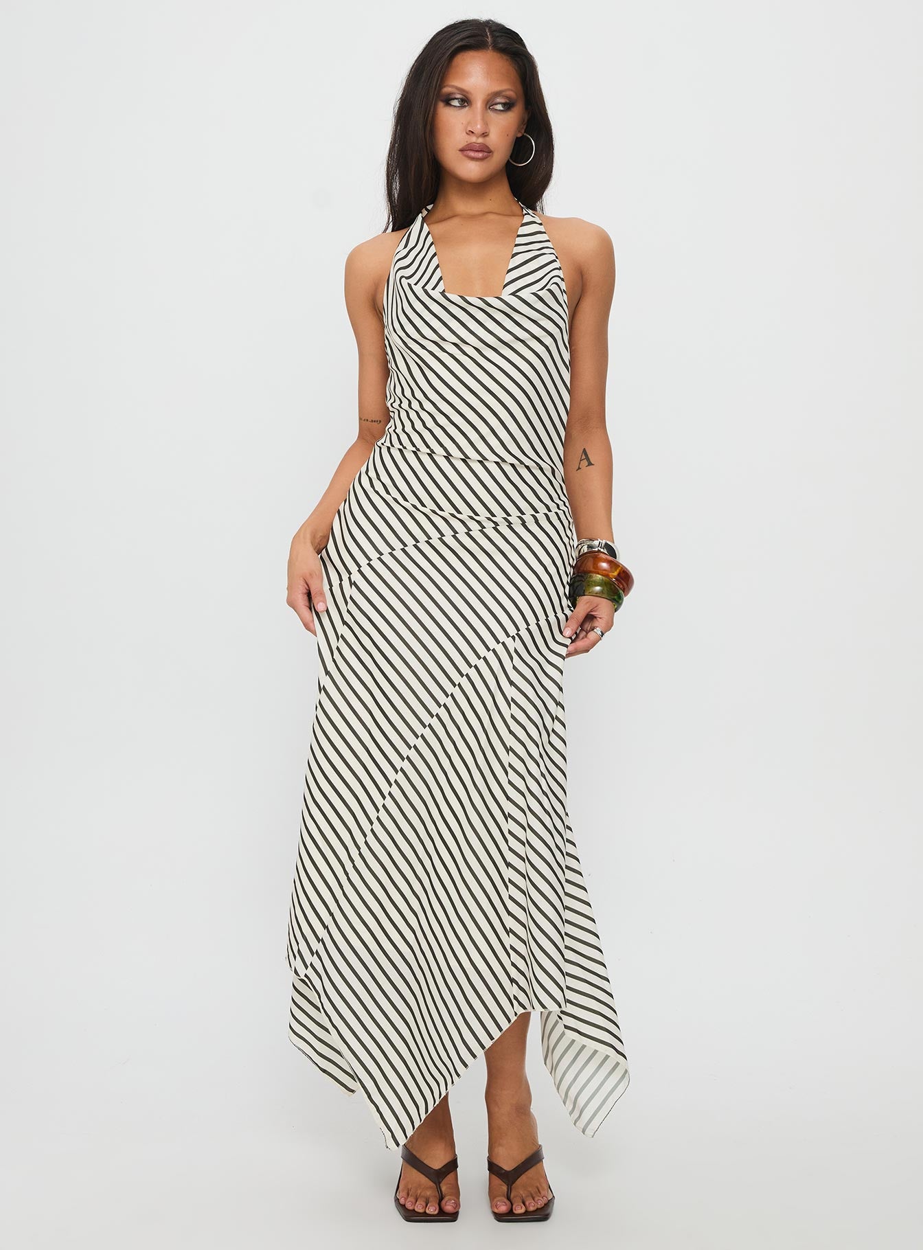 Junipa Halter Asymmetrical Maxi Dress White Stripe