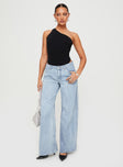 Low rise denim jeans, light wash denim Belt looped waist, zip & button fastening, classic five pocket design, wide leg Non-stretch material, unlined 