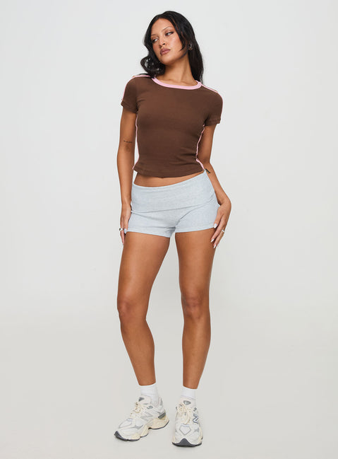 front view of model wearing Princess Polly Baseline Rib Tee Brown / Pink Short Sleeves Crew Neck 
