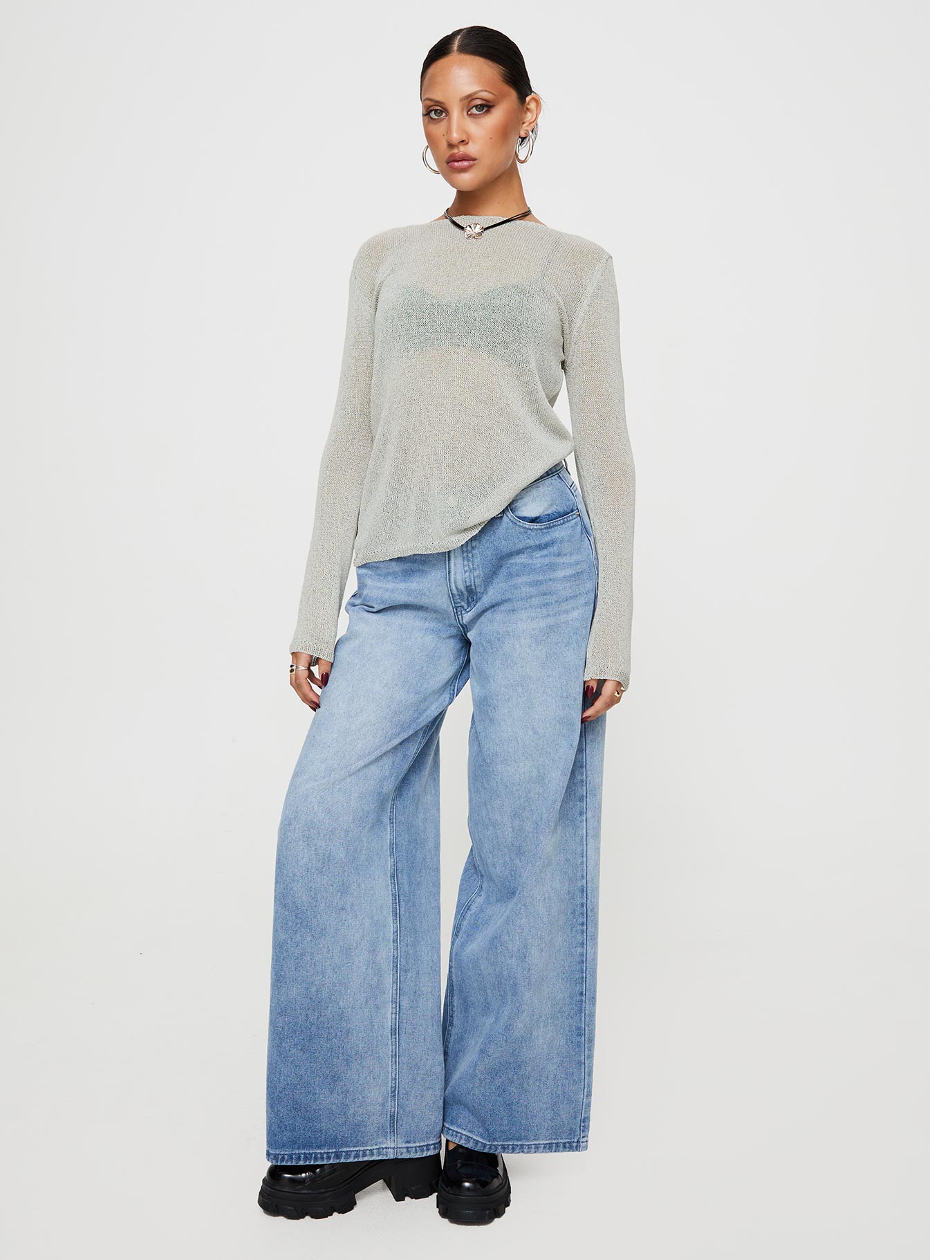 Front view of model wearing  front Princess Polly Full Sleeves High Neck  Fazzio Long Sleeve Top Silver