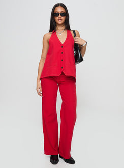 front view of model wearing Princess Polly Top Model Jeans Red Mid Rise 