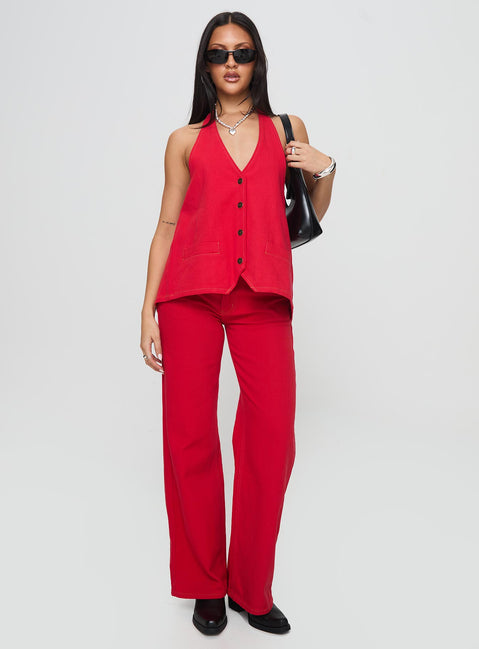 front view of model wearing Princess Polly Top Model Jeans Red Mid Rise 