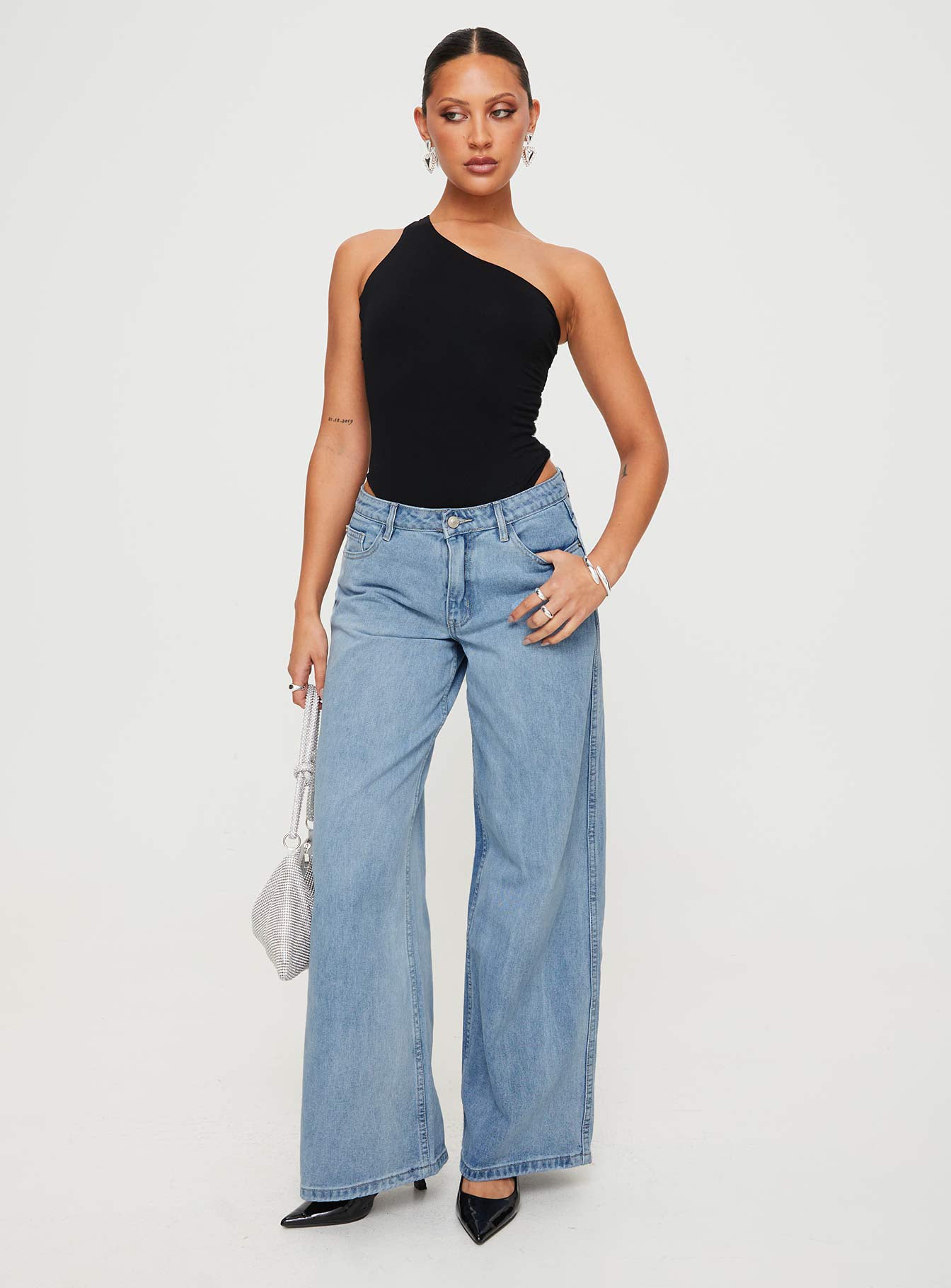 front view of model wearing Princess Polly Seema Bodysuit Black Sleeveless 