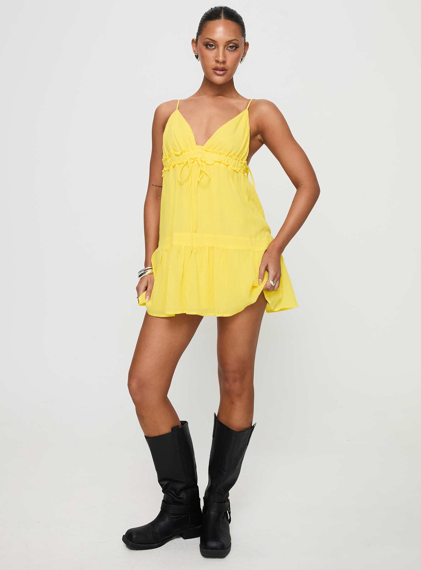 front view of model wearing Princess Polly Dionne Mini Dress Lemon Plunger 
